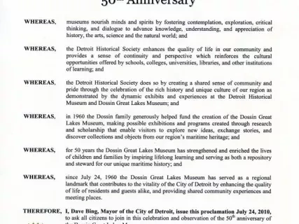 Certificate, Commemorative - Proclamation
Dossin Great Lakes Musuem's 50th Anniversary