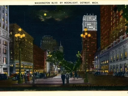 Postcard - Washington Blvd. by Moonlight, Detroit, Mich.