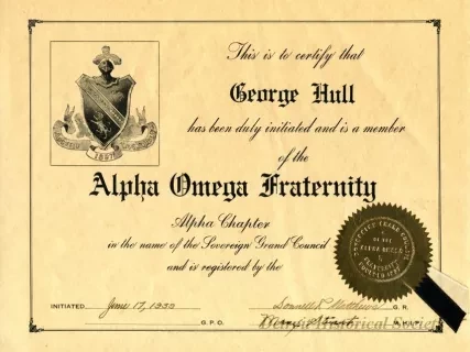 Certificate, Membership - Alpha Omega Fraternity -
George Hull