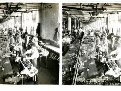 Stereograph - Fitting Hudson Super-Six Crankshafts to Their Respective Motors, Hudson Motor Car Co, Detroit, USA