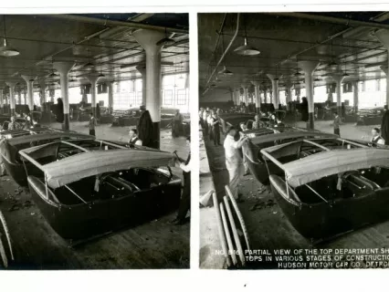 Stereograph - Partial View of The Top Department Showing Tops In Various Stages Of Construction, Hudson Motor Car Co, Detroit, USA