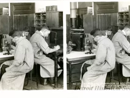 Stereograph - Microscopic Examination Of Steel To Make Sure Of Its Quality For Its Specific Purpose, Hudson Motor Car Co, Detroit