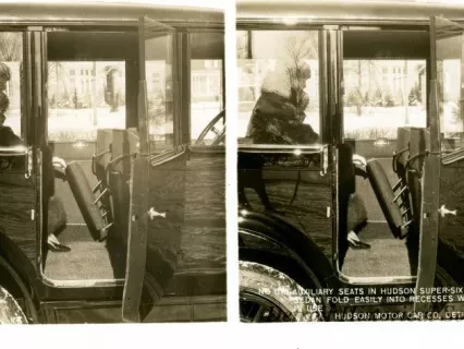 Stereograph - Auxiliary Seats In Hudson Super-Six Touring Sedan Fold Easily Into Recesses When Not In Use, Hudson Motor Car Co, Detroit, USA