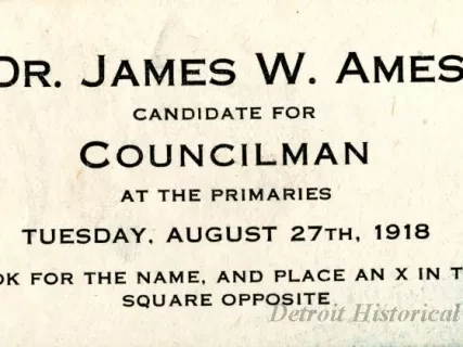 Card, Political - Dr. James W. Ames
Candidate for Councilman