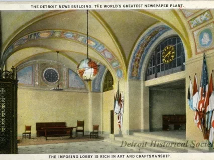 Postcard - The Detroit News Building, The World's Greatest Newspaper Plant
The Imposing Lobby is Rich in Art and Craftsmanship