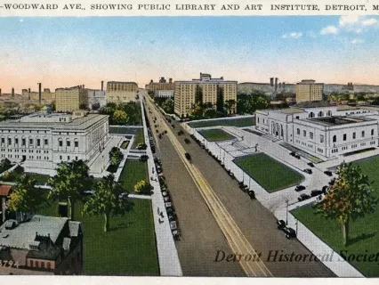 Postcard - 518: - Woodward Ave., Showing Public Library and Art Institute, Detroit, Mich.
