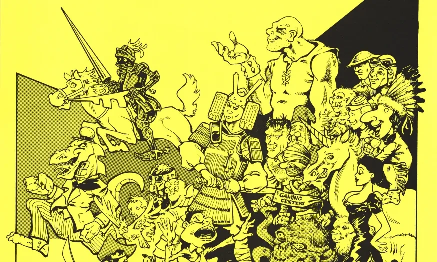 Comic-style illustration of various fantasy characters on a yellow background, with promotional text above.