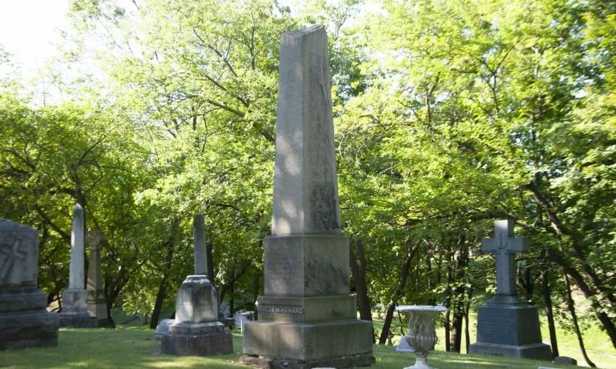 Gravestones in a cemetery under a canopy of green trees on a sunny day.