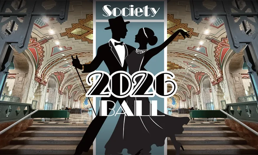Silhouettes of a dancing couple in formal attire in an ornate ballroom setting, text overlay "2026 Ball".