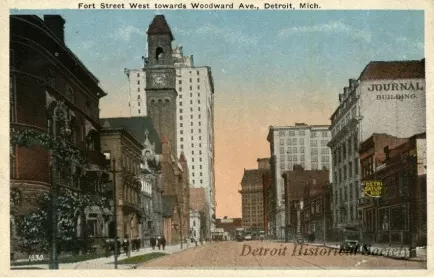 Postcard - Fort Street West towards Woodward Ave., Detroit, Mich.