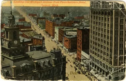 Postcard - Looking Out Michigan Avenue from Pontchartrain Hotel, Detroit, Mich.