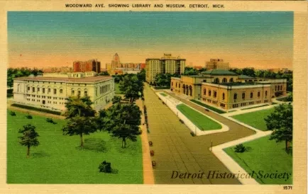 Postcard - Woodward Ave. Showing Library and Museum, Detroit, Mich.