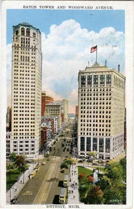 Postcard - Eaton Tower and Woodward Avenue. Detroit, Mich.