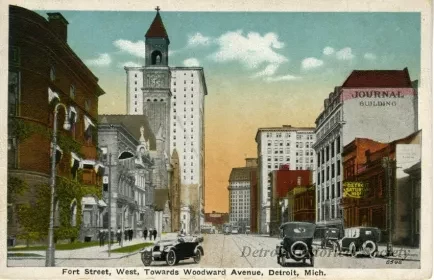 Postcard - Fort Street, West, Towards Woodward Avenue, Detroit, Mich.