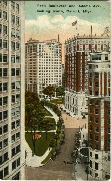Postcard - Park Boulevard and Adams Ave. looking South, Detroit, Mich.