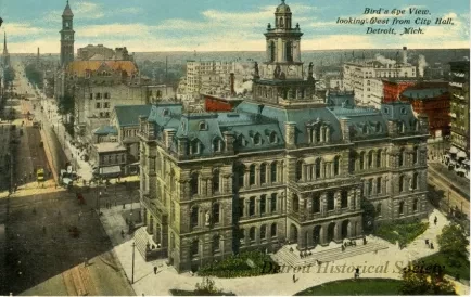 Postcard - Bird's Eye View, looking West from City Hall, Detroit, Mich.