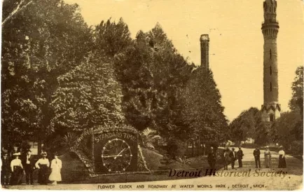 Postcard - Flower Clock and Roadway at Water Works Park, Detroit, Mich.