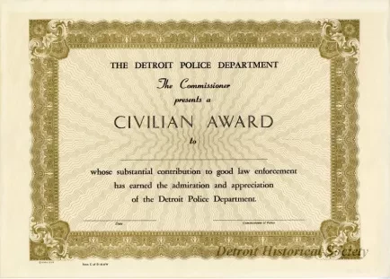 Certificate - The Detroit Police Department
Civilian Award