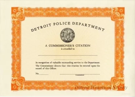Certificate - Detroit Police Department
Commissioner's Citation