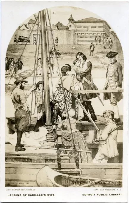 Postcard - Landing of Cadillac's Wife, Detroit Public Library - Landing of Cadillac's Wife