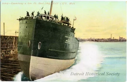 Postcard - Launching a 600 ft. Steel Ship, Bay City, Mich. - Launching a 600 ft. Steel Ship, Bay City
