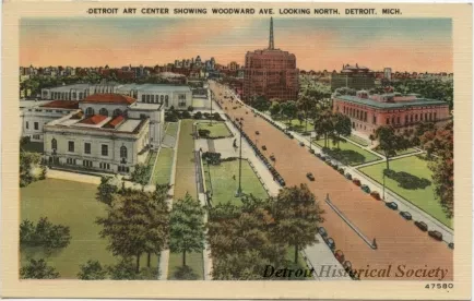Postcard - Detroit Art Center Showing Woodward Ave. Looking North. Detroit, Mich. - Detroit Art Center Showing Woodward Ave.