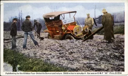 Postcard - Pathfinding for the Glidden Tour - Detroit to Denver and return.  2600 miles in rainy April.  Car was an E-M-F "30" - Price $1250.