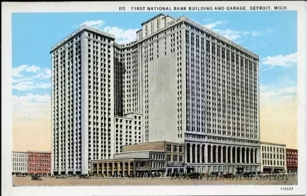 Postcard - First National Bank Building and Garage, Detroit, Mich.