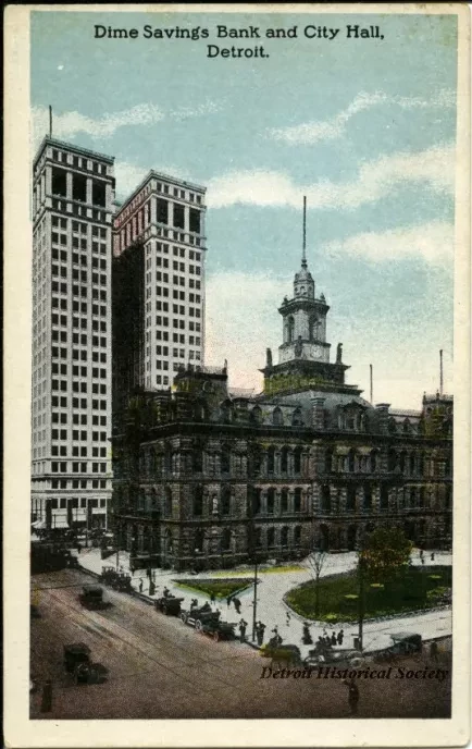 Postcard - Dime Savings Bank and City Hall, Detroit.