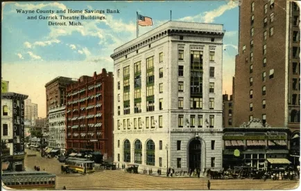 Postcard - Wayne County and Home Savings Bank and Garrick Theatre Buildings, Detroit, Mich.