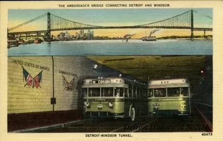 Postcard - The Ambassador Bridge Connecting Detroit and Windsor.
Detroit-Windsor Tunnel.
