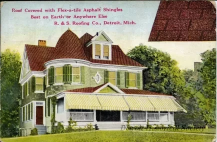 Postcard - Roof Covered with Flex-a-tile Asphalt Shingles Best on Earth or Anywhere Else, R&E Roofing Co., Detroit, Mich.