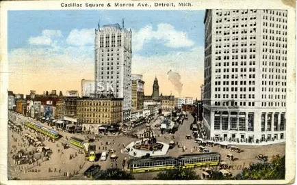 Postcard - Cadillac Square & Monroe Ave., Detroit, Mich.