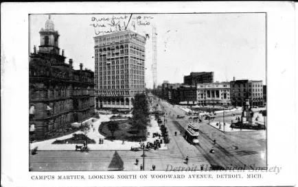 Postcard - Campus Martius, looking north on Woodward Ave, Detroit, Mich.