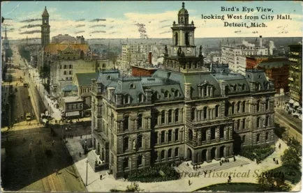 Postcard - Bird's Eye View, looking West from City Hall, Detroit, Mich.