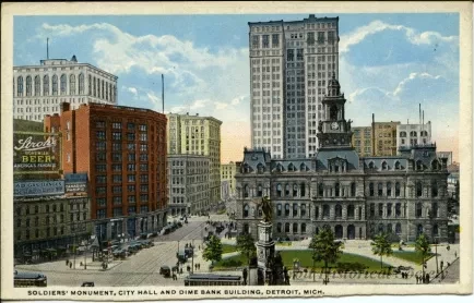 Postcard - Soldiers' Monument, City Hall and Dime Bank Building, Detroit, Mich.