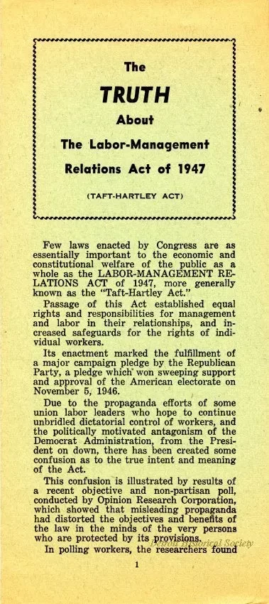 Handbill, Political - The Truth About the Labor-Management Relations Act of 1947 (Taft-Hartley Act)