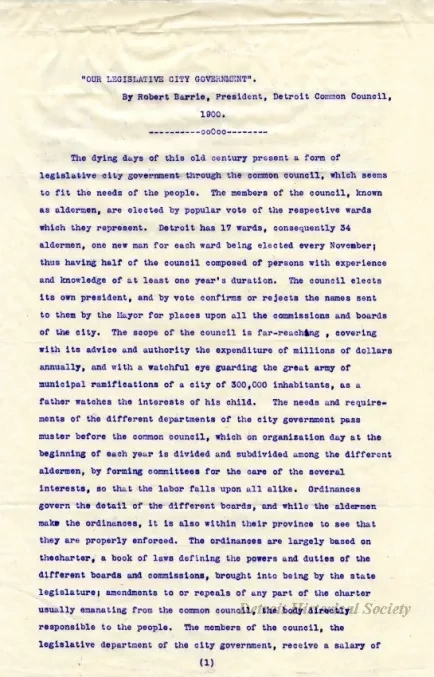 Letter - Our Legislative City Government
[Detroit Common Council]