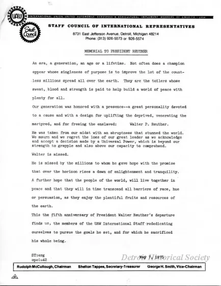 Announcement - Memorial to President Ruther