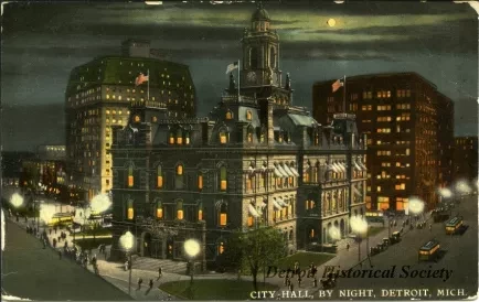 Postcard - City Hall, By Night, Detroit, Mich.