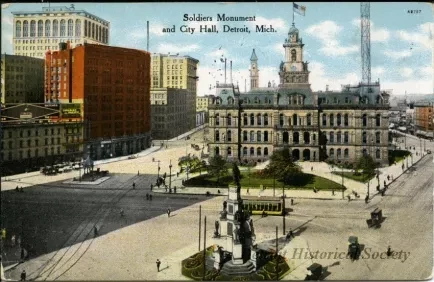 Postcard - Soldiers Monument and City Hall, Detroit, Mich.