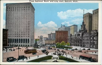 Postcard - First National Bank and City Hall, Detroit, Mich.
