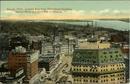 Postcard - Detroit, Mich., looking East from Dime Bank Building, Detroit River and Belle Isle in distance.