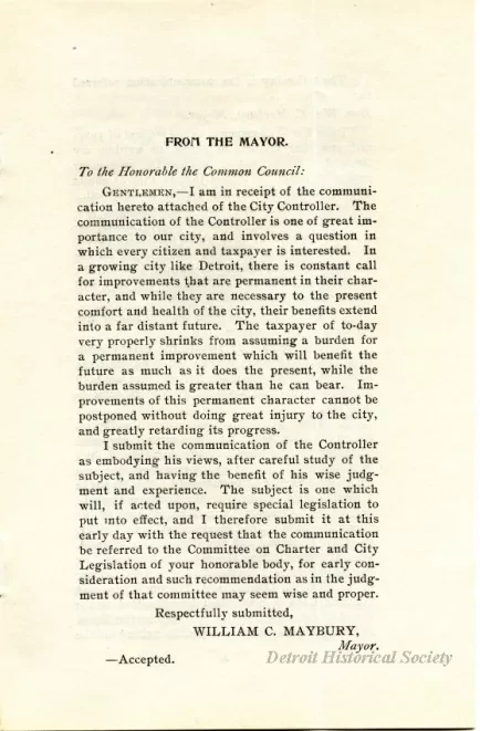 Booklet - Communication of Hon. Wm. C. Maybury on Controller F. A. Blades' Plan for Making Permanent Improvements in the City of Detroit by the Issue of Thhirty Year Four Per Cent Bonds.