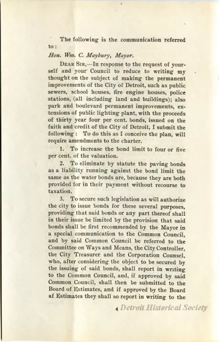 Booklet - Communication of Hon. Wm. C. Maybury on Controller F. A. Blades' Plan for Making Permanent Improvements in the City of Detroit by the Issue of Thhirty Year Four Per Cent Bonds.