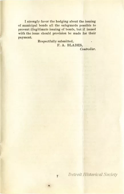 Booklet - Communication of Hon. Wm. C. Maybury on Controller F. A. Blades' Plan for Making Permanent Improvements in the City of Detroit by the Issue of Thhirty Year Four Per Cent Bonds.