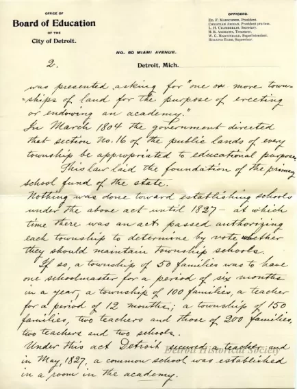Letter - Progress of Public Education in Detroit in the 19th Century
