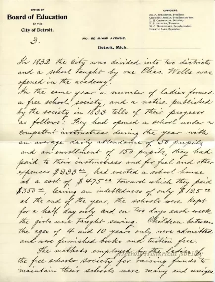 Letter - Progress of Public Education in Detroit in the 19th Century