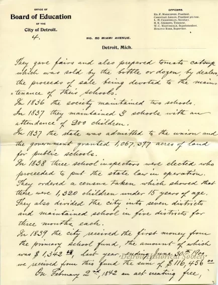 Letter - Progress of Public Education in Detroit in the 19th Century