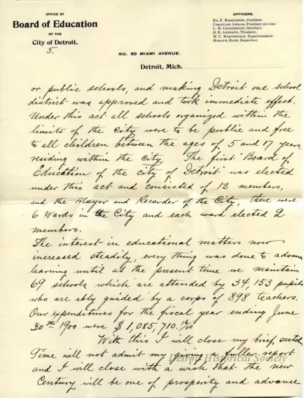 Letter - Progress of Public Education in Detroit in the 19th Century